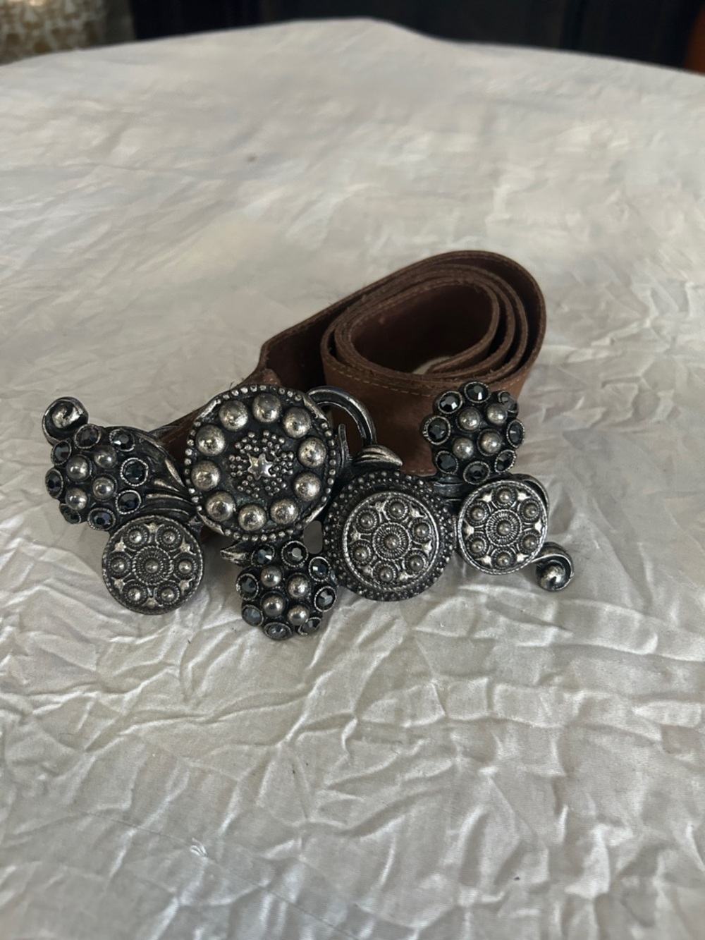 Leatherock Brown Leather Belt with Ornate Silver Concho Cluster Buckle M